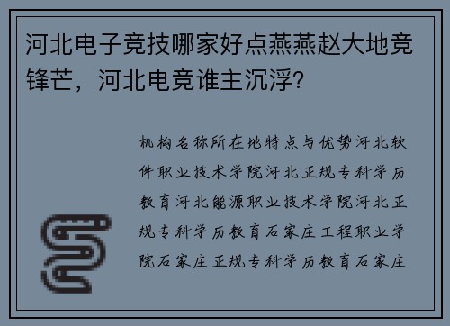河北电子竞技哪家好点燕燕赵大地竞锋芒，河北电竞谁主沉浮？
